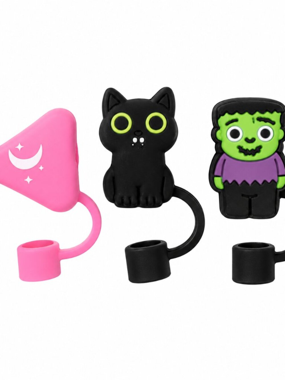 Target Halloween Straw Toppers Set/3 Witch Hat Black Cat Frankenstein Silicone